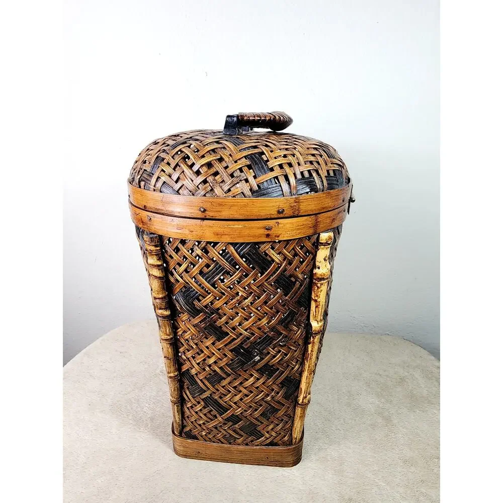 Woven Rattan Lidded Large Basket w/ Lid Brass Accent Asian Inspired 80s Vintage